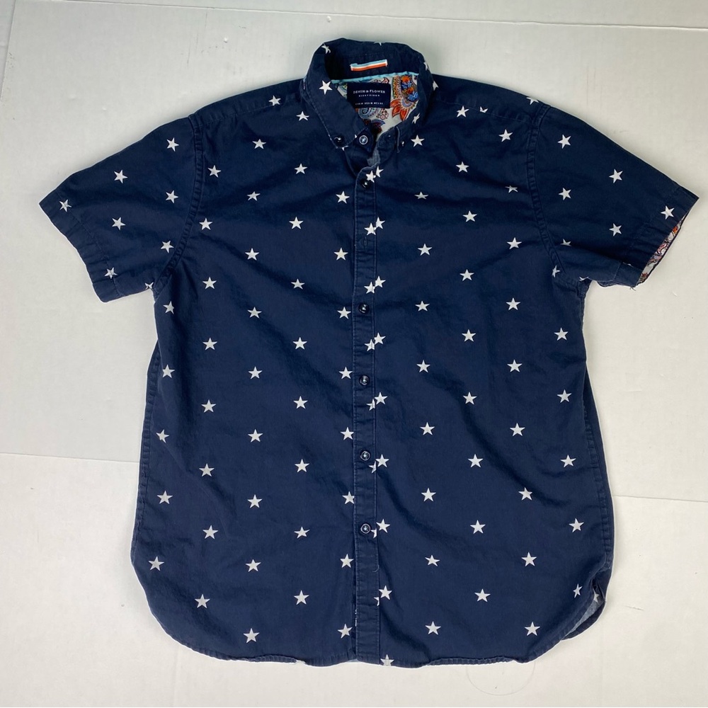 Denim & Flower Men Medium Shirt Navy Blue White Stars Patriotic USA Button Up